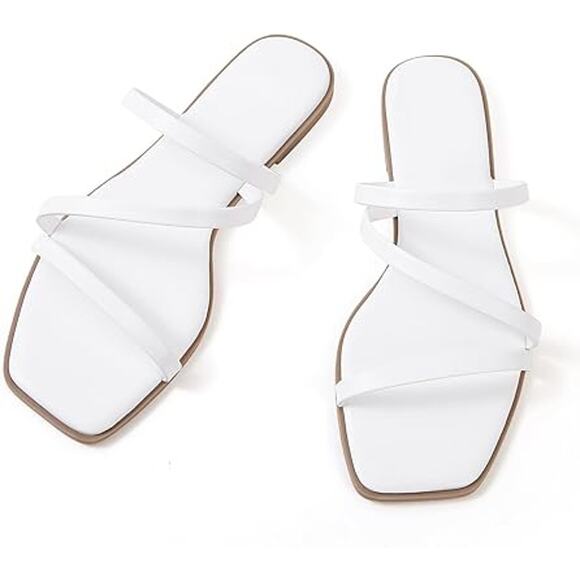 Lacuone Womens 10.5 White Faux Leather Open Toe Strappy Slide On Flat Sandals - Picture 2 of 5